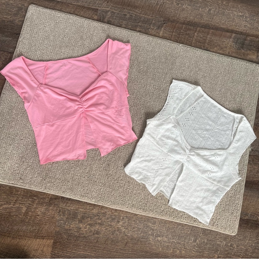 Pink and White Ruched Split Crop Tops